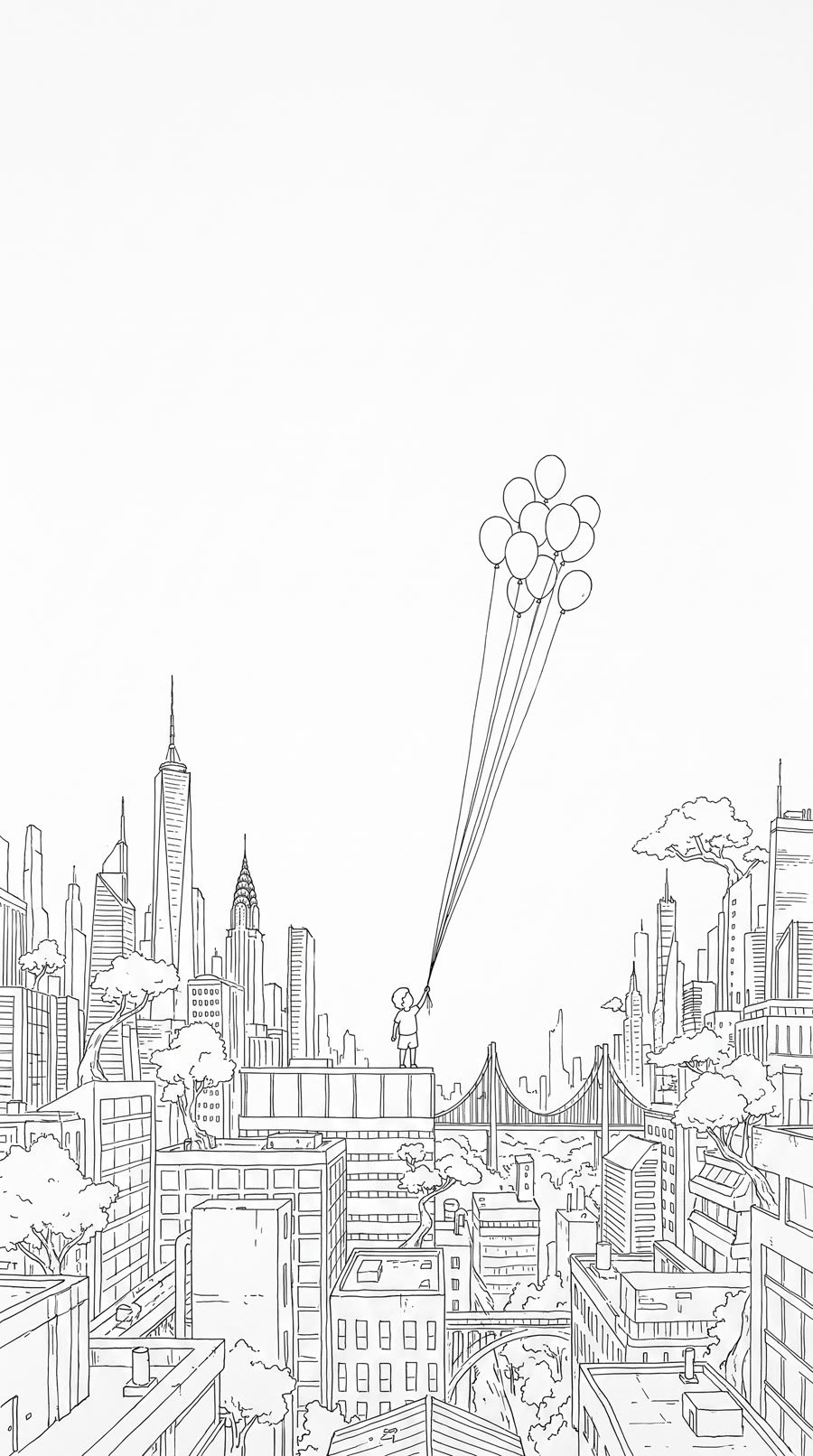 Chico con globos sobre la ciudad